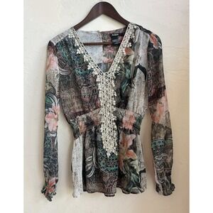 Desigual Modern Lovers Top S Sheer Flowy Babydoll Designer Print Boho Floral